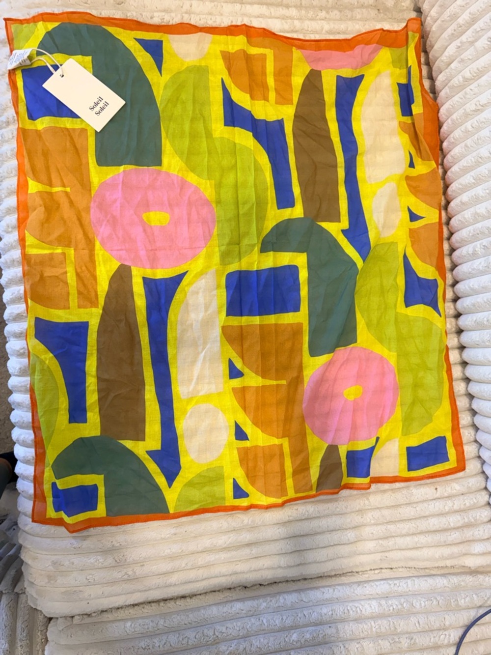 Soleil Soleil Yellow Abstract Print Silk Scarf with Pink Accents